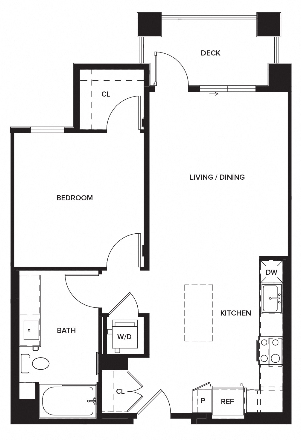 Floor plan for 1 bed, 1 bath, 743 sqft